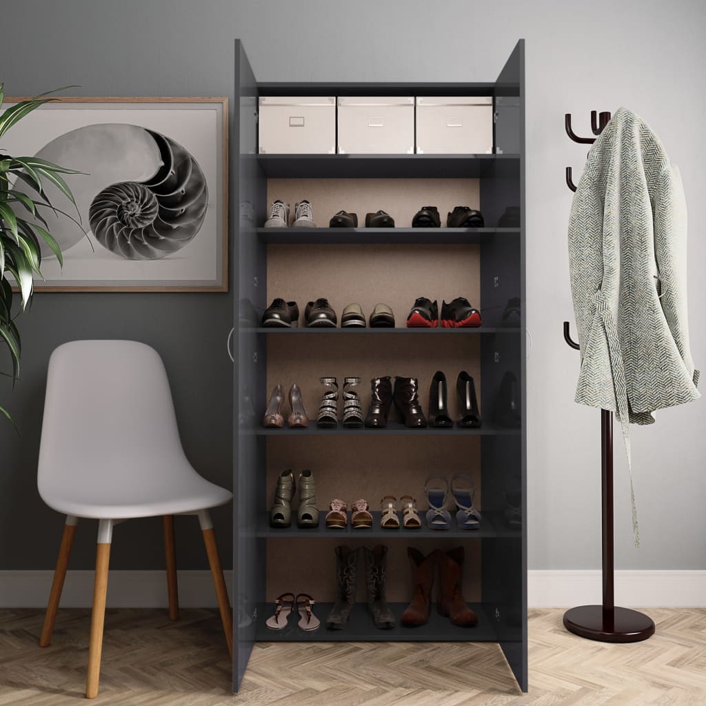 vidaXL Шкаф за обувки, сив гланц, 80x35,5x180 см, ПДЧ