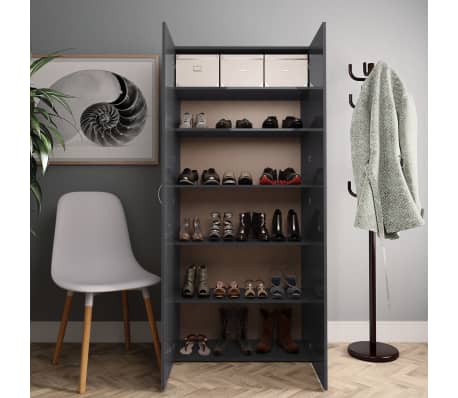 vidaXL Шкаф за обувки, сив гланц, 80x35,5x180 см, ПДЧ