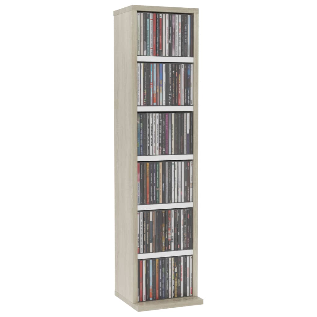 Fehér és sonoma-színű szerelt fa CD-szekrény 21 x 20 x 88 cm 