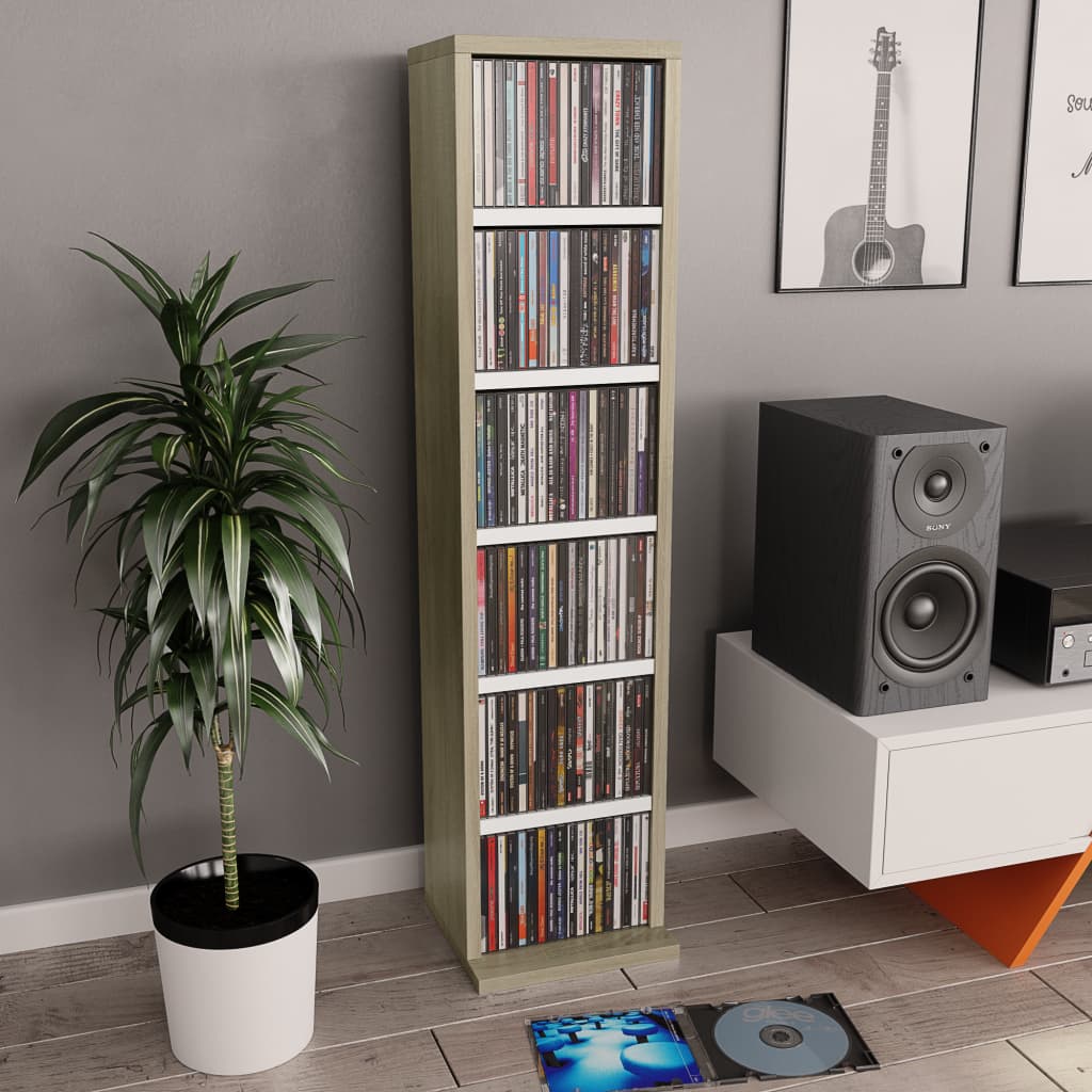 vidaXL Dulap CD-uri, alb È™i stejar sonoma, 21x20x88 cm, lemn compozit