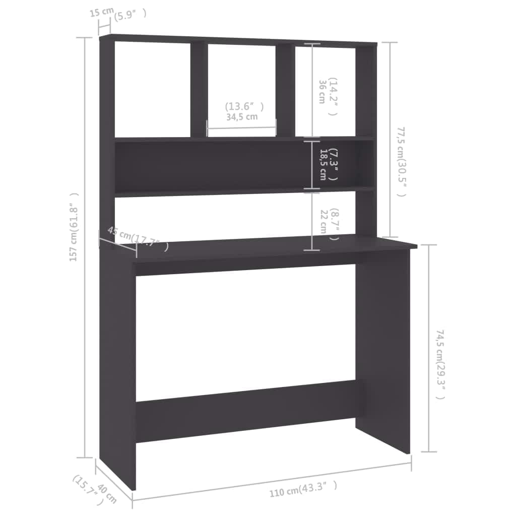 imagem de vidaXL Secretária com prateleiras 110x45x157 cm contraplacado cinzento7