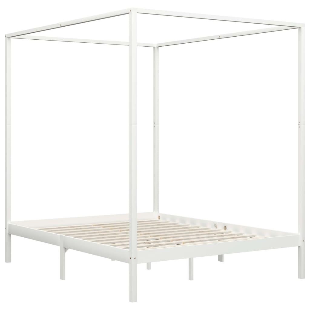 vidaXL gultas rāmis ar nojumi, balts, 180x200 cm, priedes masīvkoks