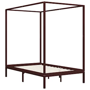 vidaXL Lovos rėmas su baldakimu, rudas, 140x200cm, pušies masyvas