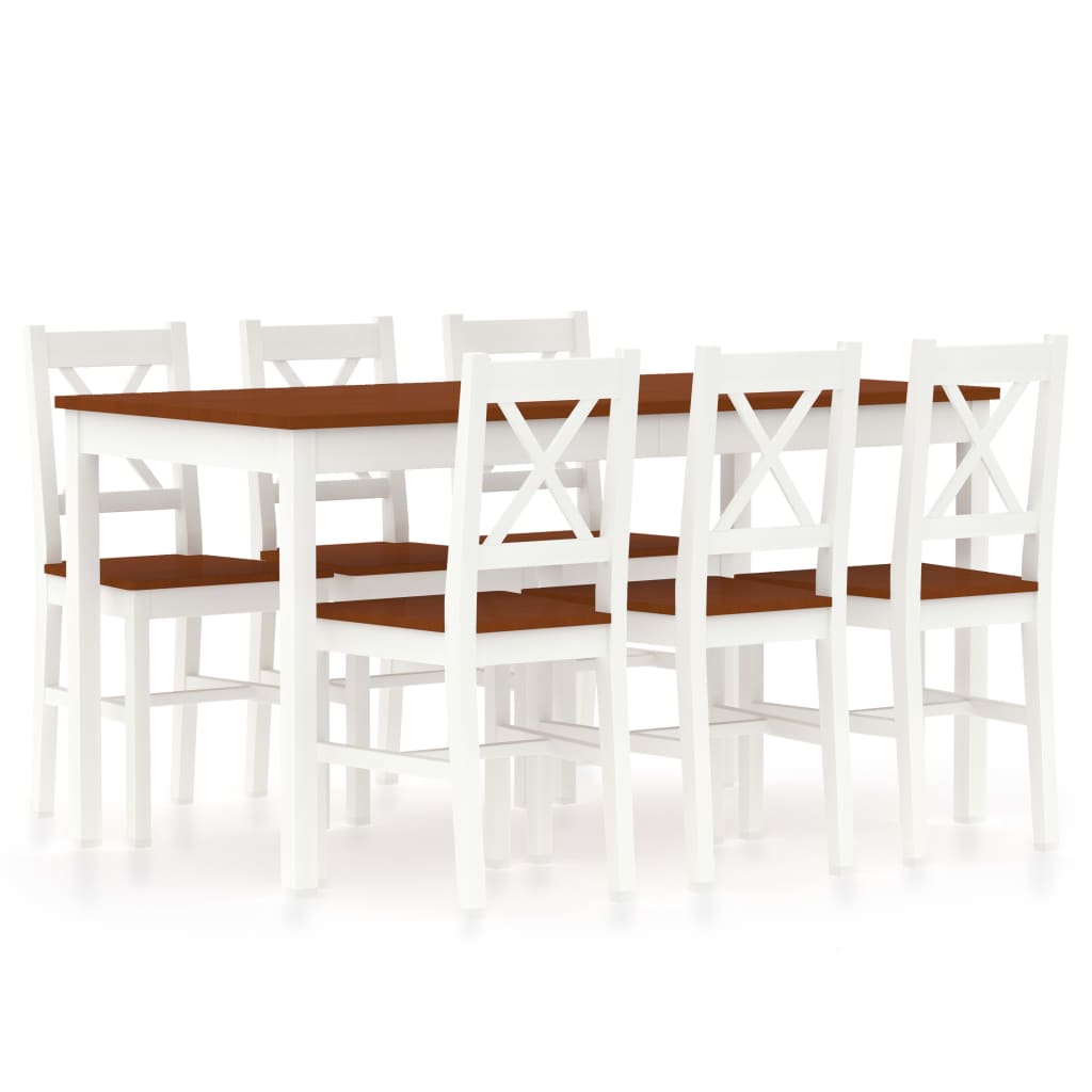 7 Piece Dining Set Pinewood White and Brown
