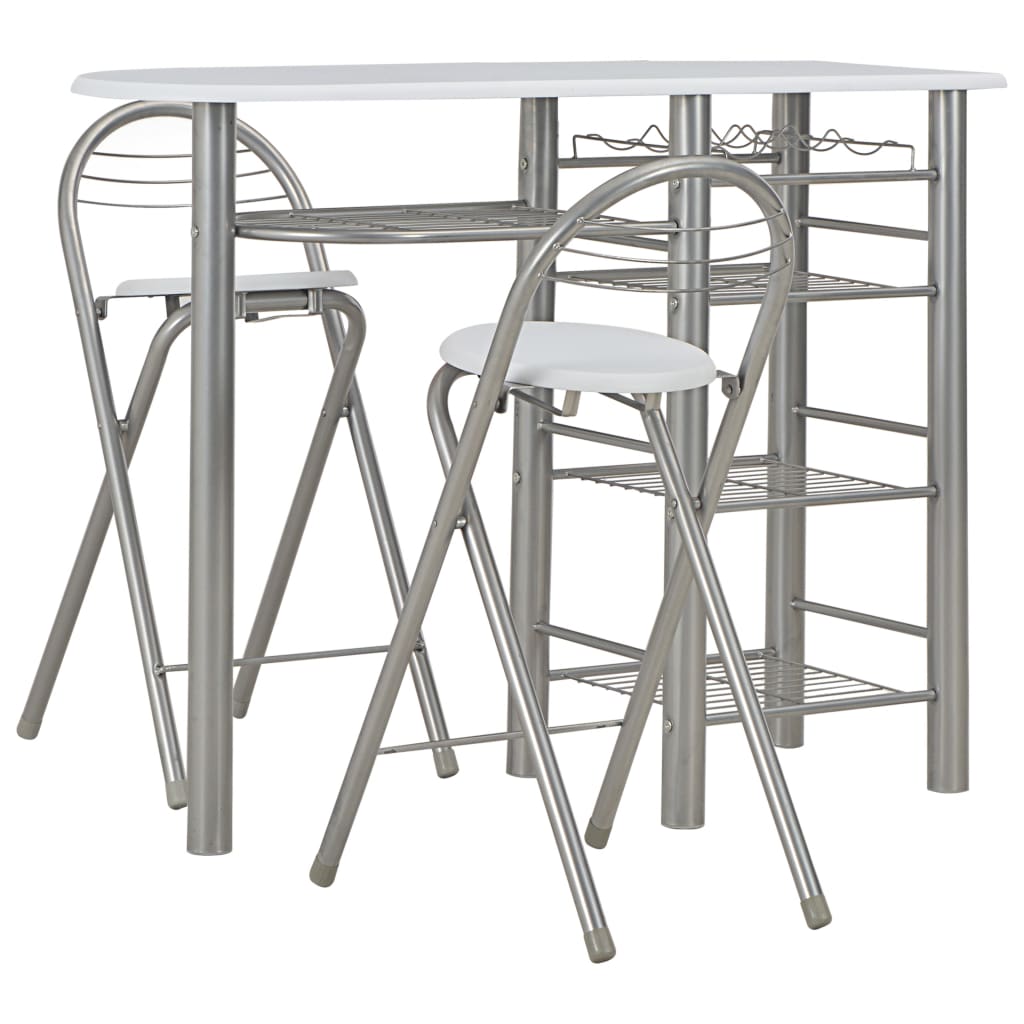 vidaXL Set mobilier de bar, cu rafturi, 3 piese, alb, lemn și oțel