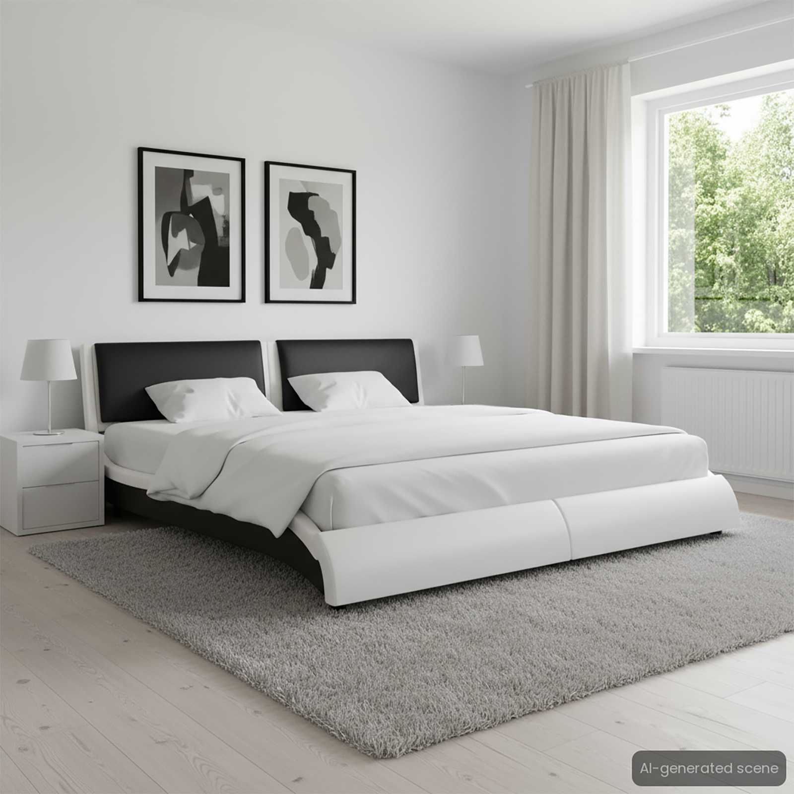 White and black faux leather bed frame with wooden legs, front view in a bedroom setting.
