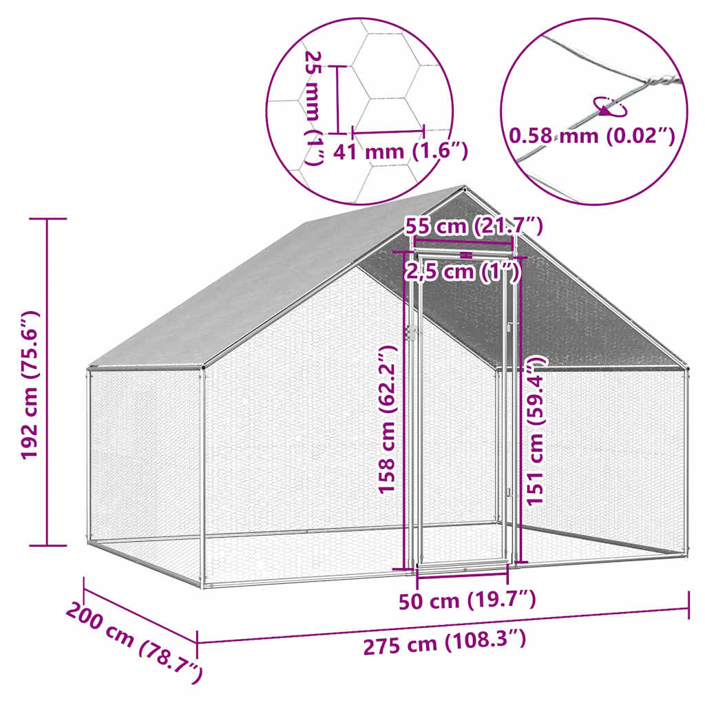 Coteț de păsări pentru exterior, 2,75x2x1,92 m, oțel galvanizat