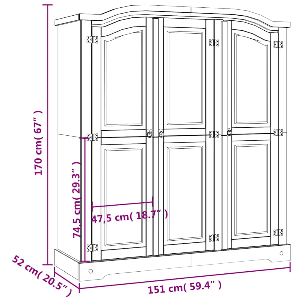 Pin Garde-robe Mexicain 3 vendu Portes Gris Armoire à Vêtements Rangement vidaXL