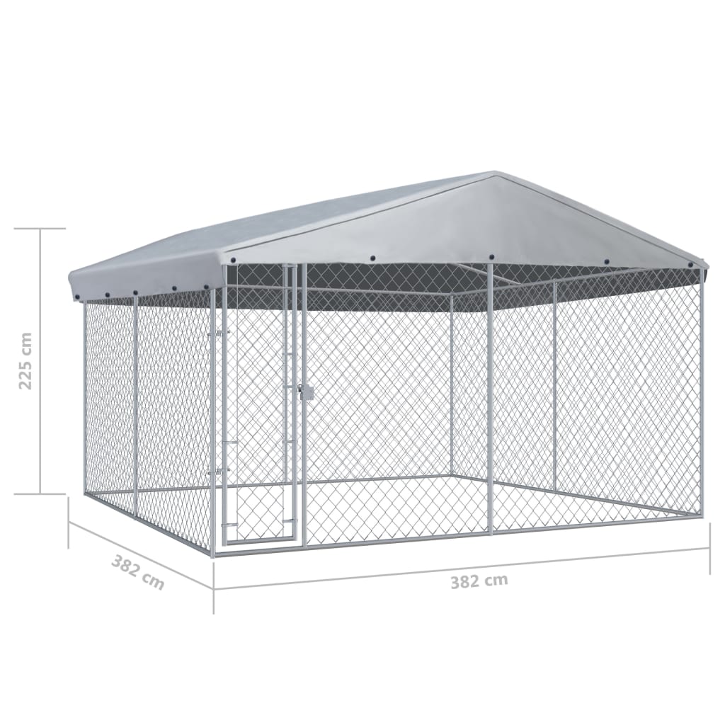 Chenil d'extérieur en acier galvanisé avec toit pour chien - Panneaux à mailles - 382x38x225 cm - 14m²