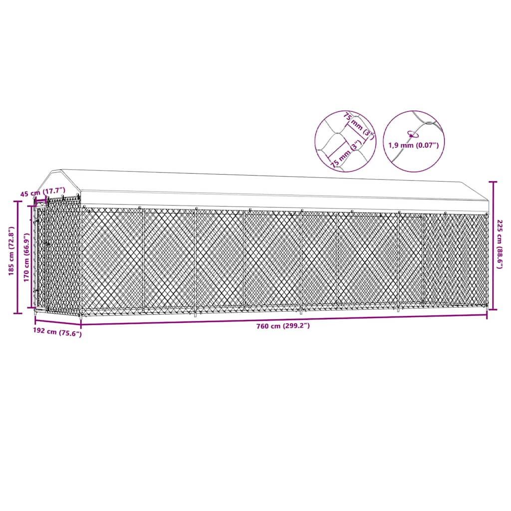 suņu voljērs ar jumtu, 760x190x225 cm