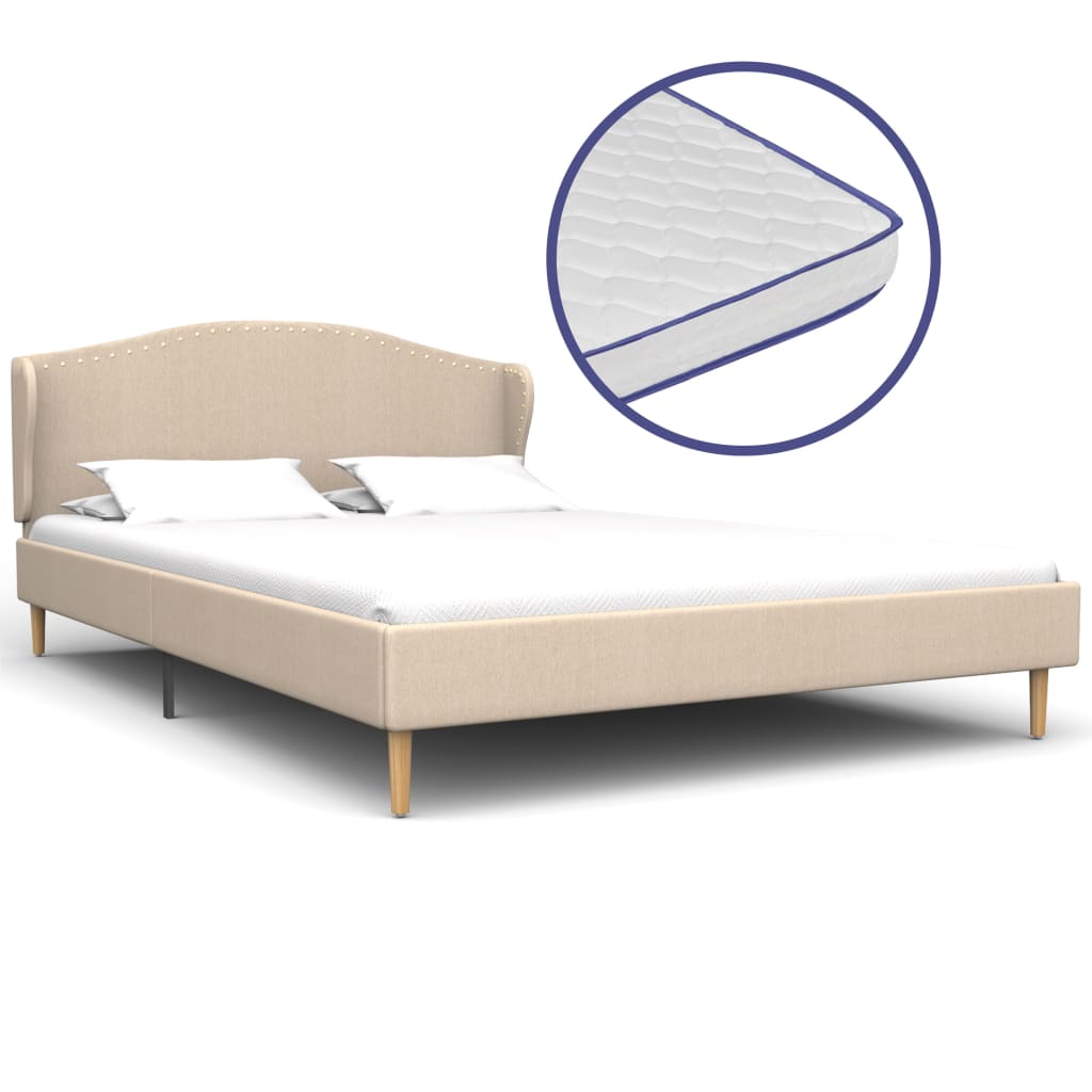Bettgestell:Farbe: BeigeMaterial: Holzrahmen + Stahl + Beine aus massivem GummiholzKopfteilmaterial: MDF + GewebeGesamtmaße: 208 x 145 x 82,5 cm (L x B x H)Memory-Schaum-Matratze:Farbe: WeißMaterial: 100% PolyesterAbmessungen: 200 x 140 x 17 cm (L x B x H)Besteht aus 5 SchichtenMaterial: Polyester: 100%