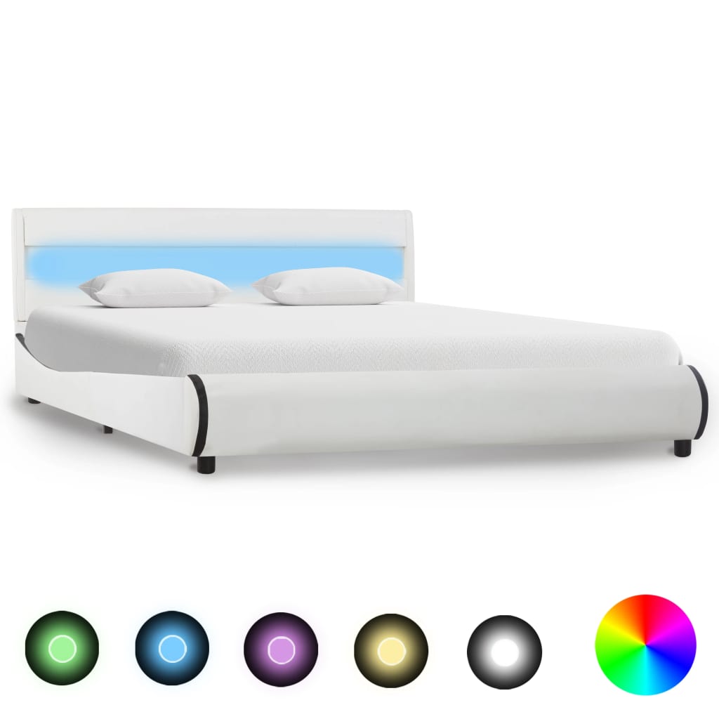 vidaXL Cadru de pat cu LED, alb, 140 x 200 cm, piele ecologică vidaXL