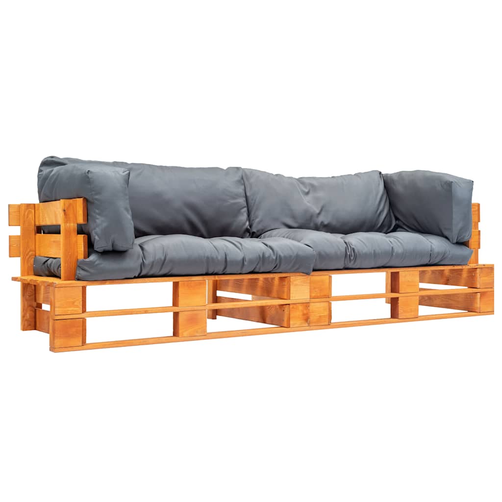vidaXL Pallsoffa 2 delar med gr&aring; dynor furu