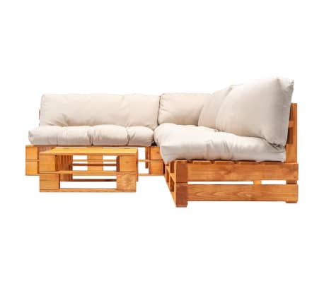 vidaXL Sodo komplektas i&scaron; palečių su pagalvėmis, 4 dalių, mediena