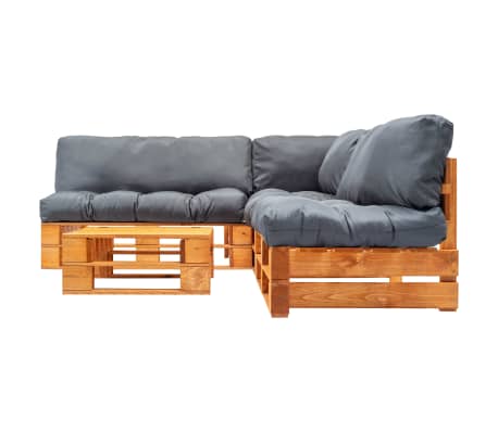 vidaXL 4-delige Loungeset pallet met grijze kussens hout