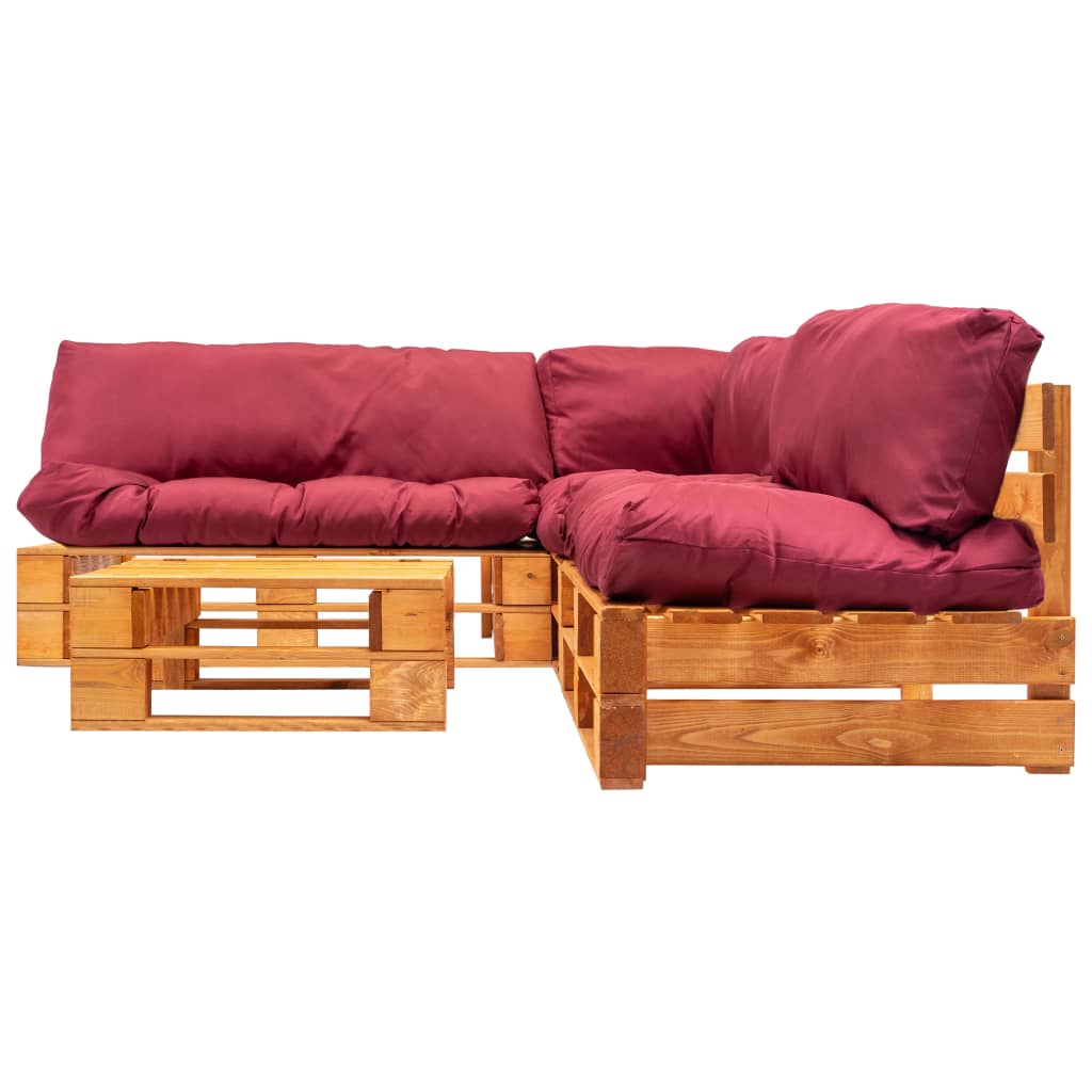 vidaXL 4-tlg. Garten-Paletten-Sofagarnitur mit Roten Kissen Holz