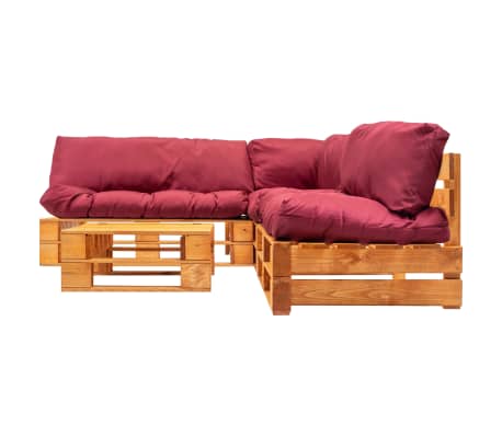 vidaXL 4-delige Loungeset pallets met rode kussens hout