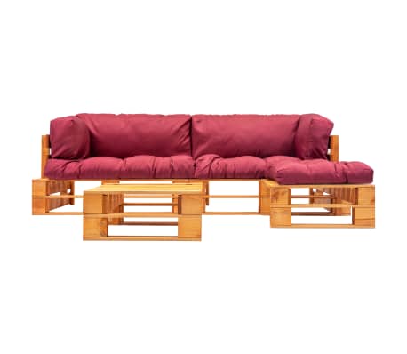 vidaXL 4-delige Loungeset pallet met rode kussens hout