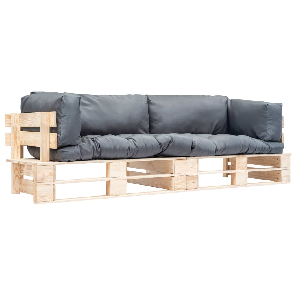 vidaXL Set canapea gradina paleti cu perne gri, 2 piese, lemn de pin