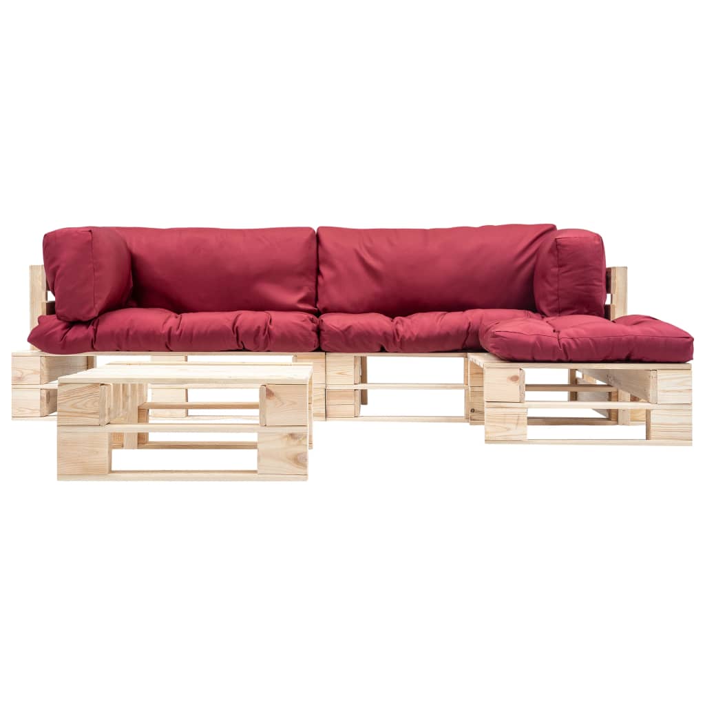 vidaXL 4-delige Loungeset pallet met rode kussens hout