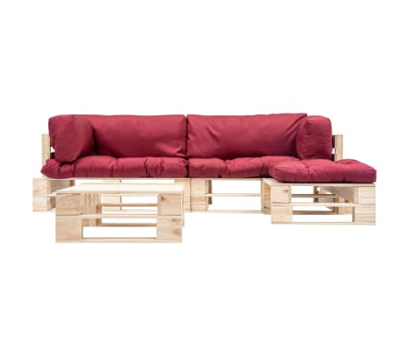 vidaXL 4-delige Loungeset pallet met rode kussens hout