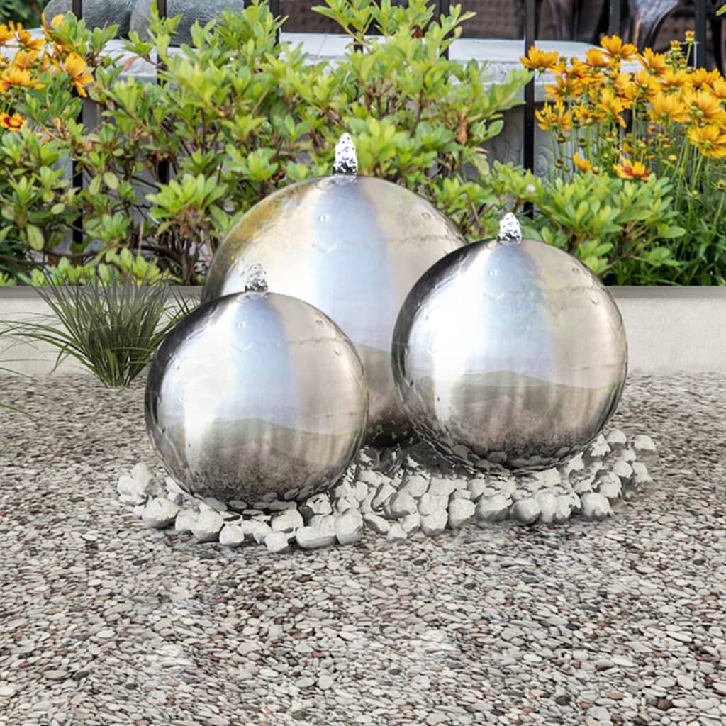 3dílné zahradní fontány koule s LED diodami nerezová ocel