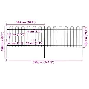 Zahradní plot s obloukem nahoře ocelový 359 x 100 cm černý - obrázek 5
