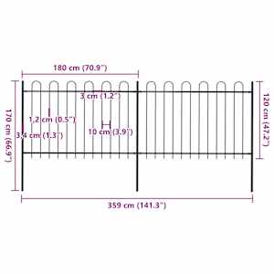 Zahradní plot s obloukem nahoře ocelový 359 x 120 cm černý - obrázek 5