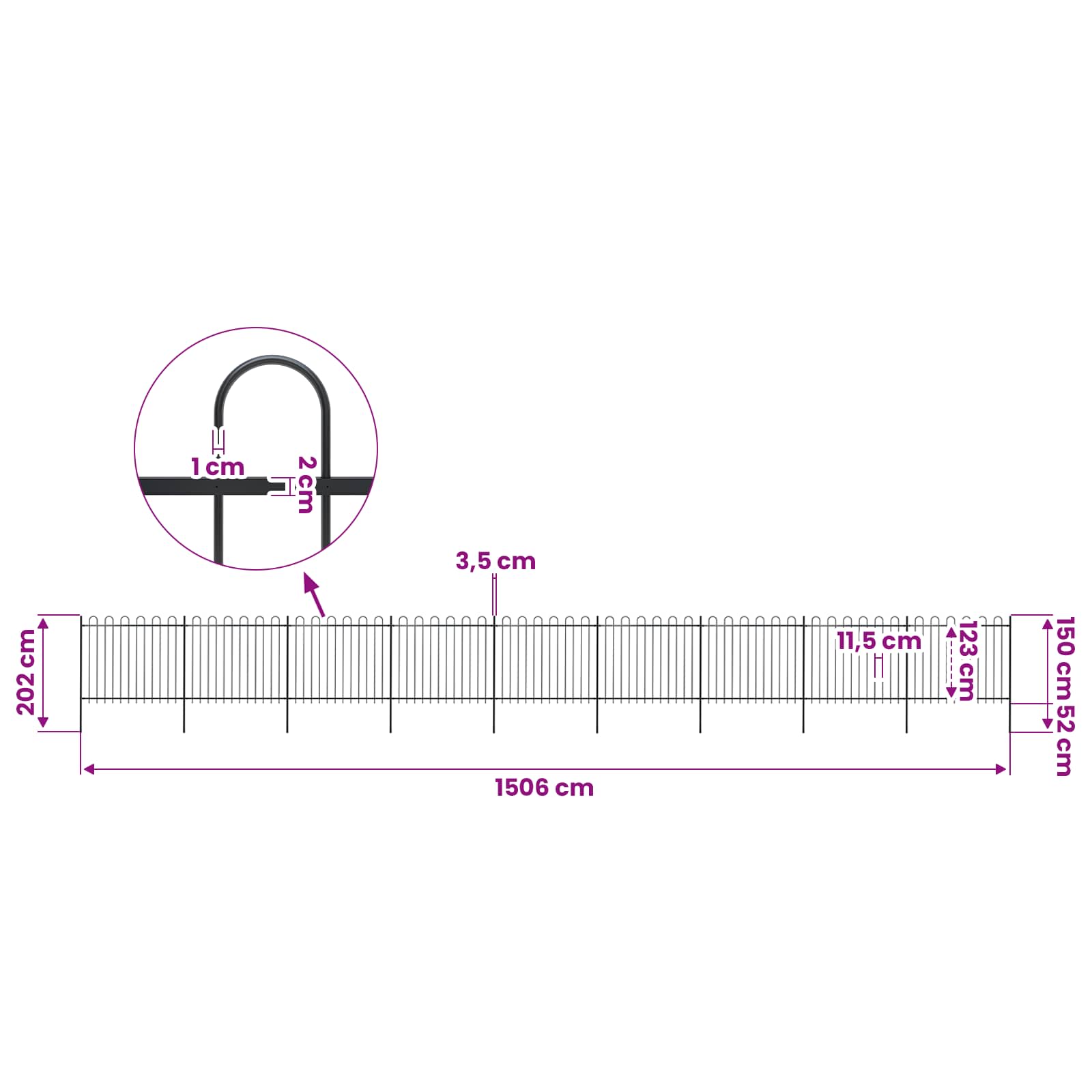 Zahradní plot s obloukem nahoře ocelový 1506 x 150 cm černý 277682