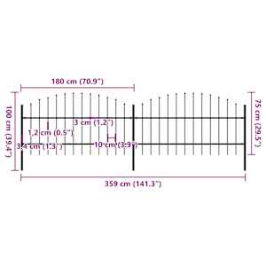 Zahradní plot s kopím nahoře ocelový 359 x 100 cm černý - obrázek 5