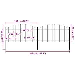 Zahradní plot s kopím nahoře ocelový 359 x 150 cm černý - obrázek 5