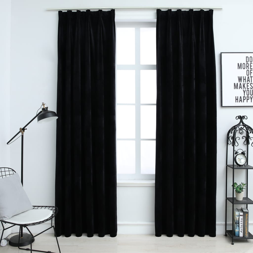 vidaXL Draperii opace cu cârlige, 2 buc., negru, 140x175 cm, catifea