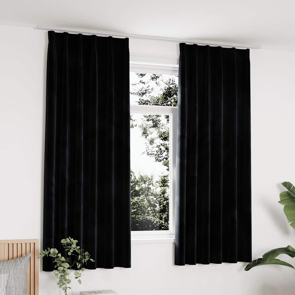 vidaXL Draperii opace cu cârlige, 2 buc., negru, 140x175 cm, catifea