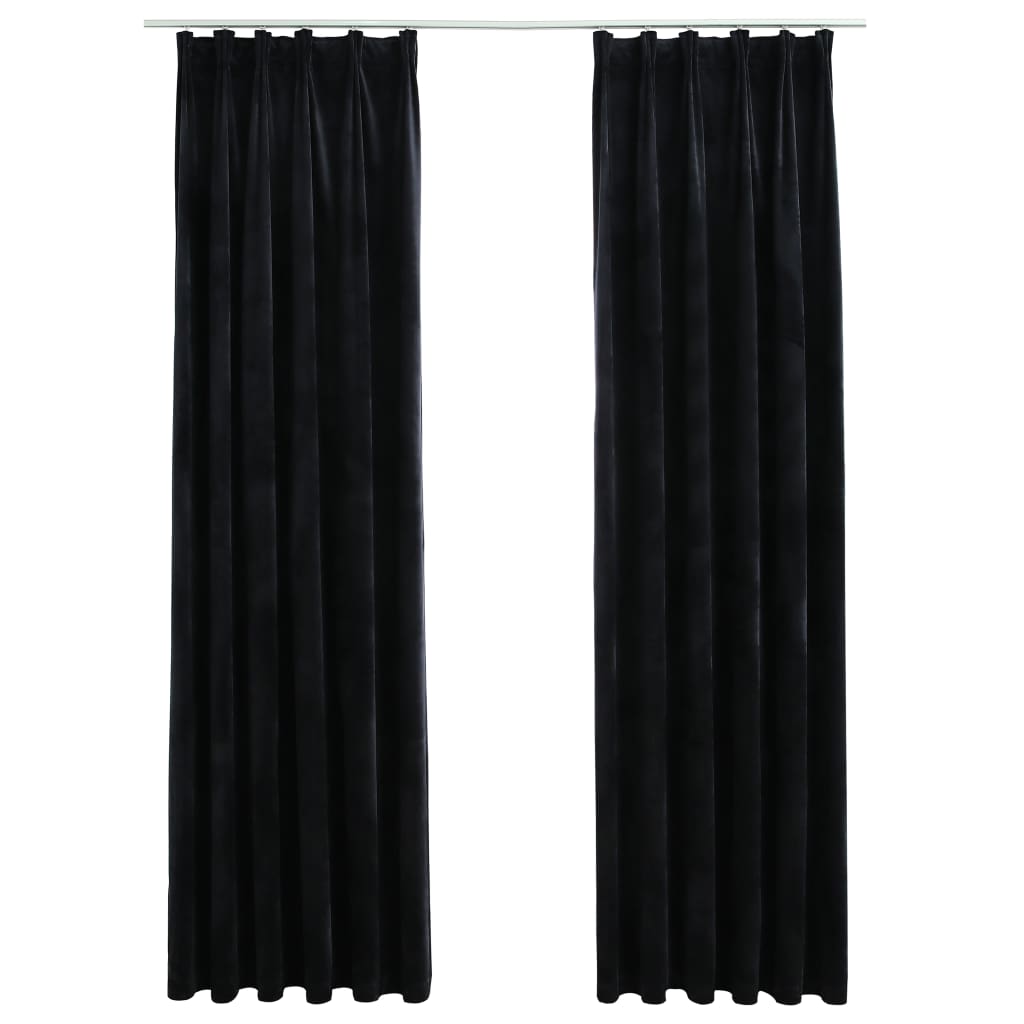 Draperii opace cu cârlige, 2 buc., negru, 140×245 cm, catifea