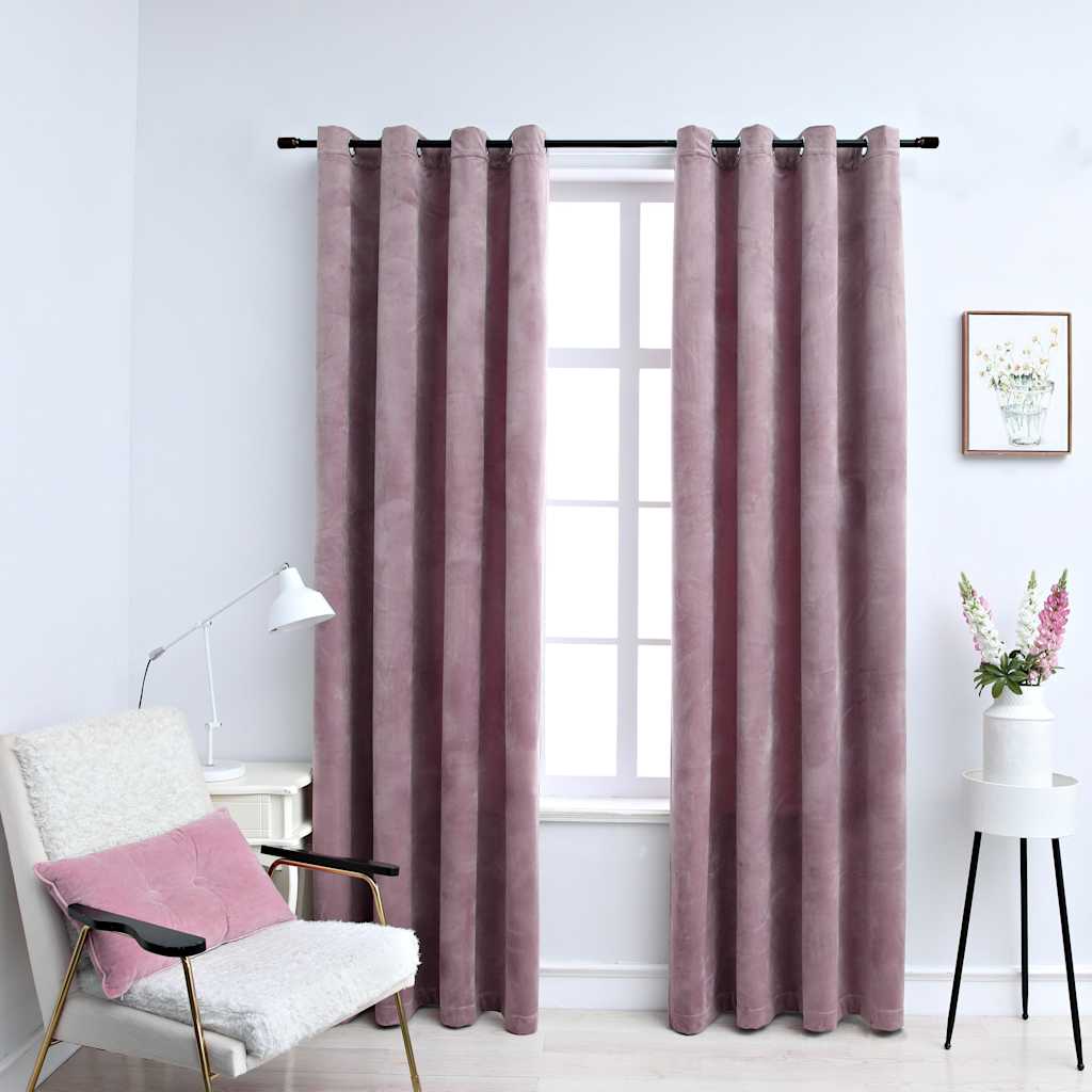 Mørklægningsgardiner med ringe, 2 stk. - 140 × 245 cm, fløjl, antik rosa