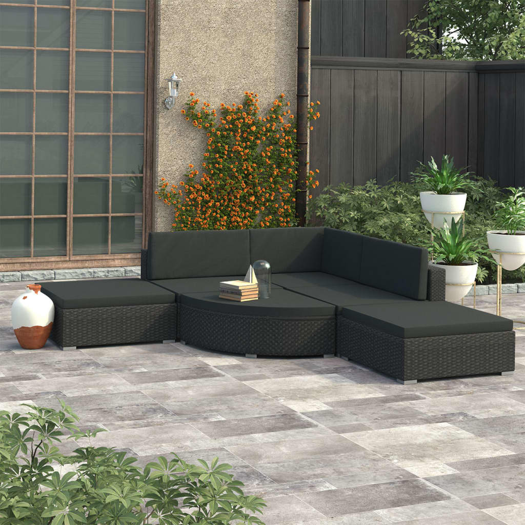 vidaXL Set mobilier de gradina cu perne, 6 piese, negru, poliratan