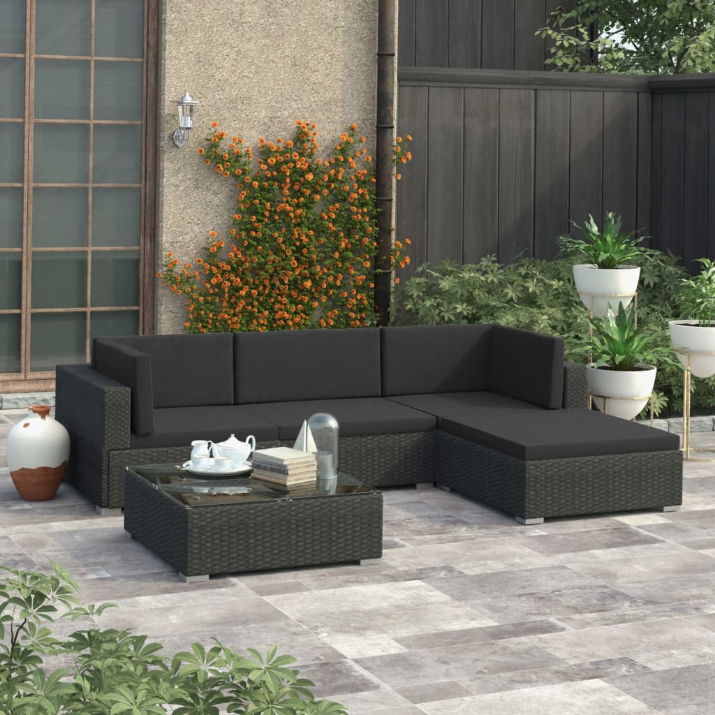 vidaXL Set mobilier de gradina cu perne, 5 piese, negru, poliratan
