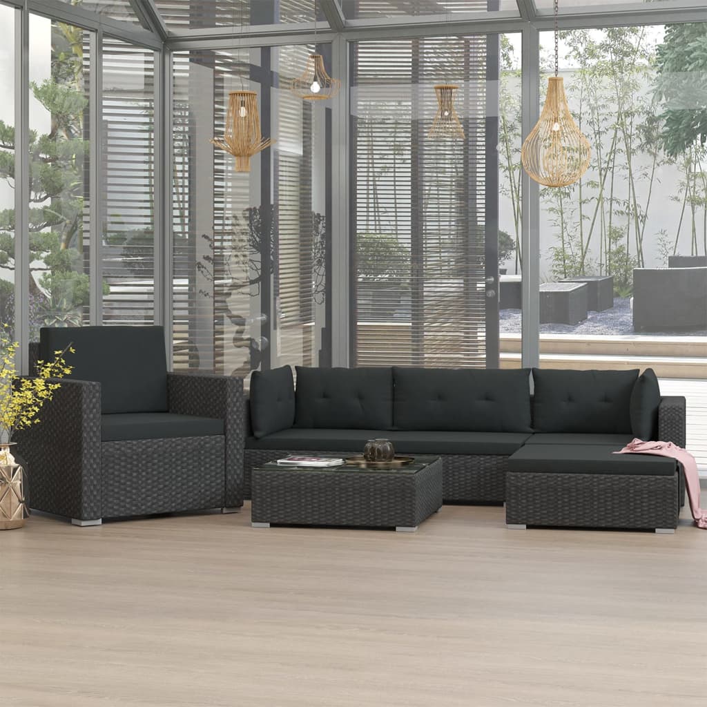 vidaXL 6-tlg. Garten-Lounge-Set mit Kissen Poly Rattan Schwarz