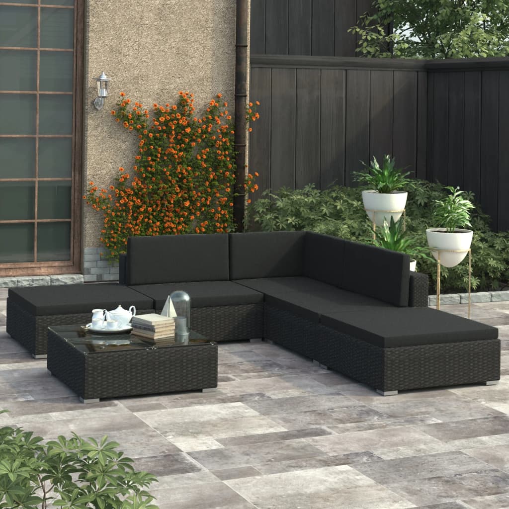 vidaXL 6-tlg. Garten-Lounge-Set mit Kissen Poly Rattan Schwarz