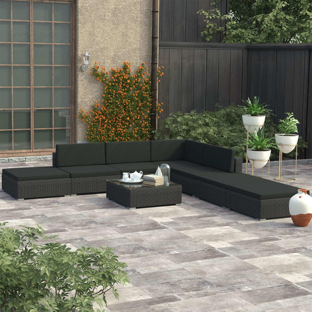 vida XL 8-tlg. Garten-Lounge-Set mit Auflagen Poly Rattan Schwarz