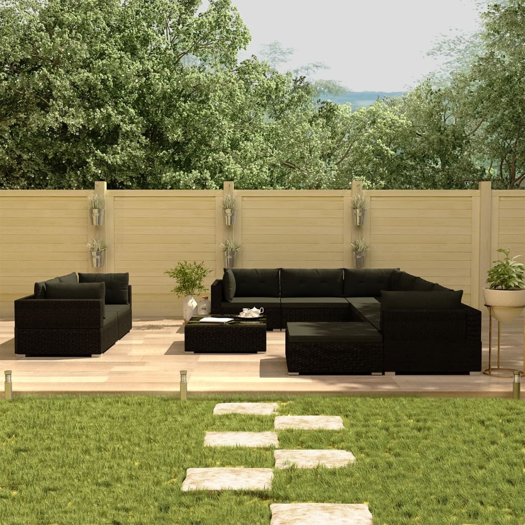 vidaXL 10-tlg. Garten-Lounge-Set mit Auflagen Poly Rattan Schwarz