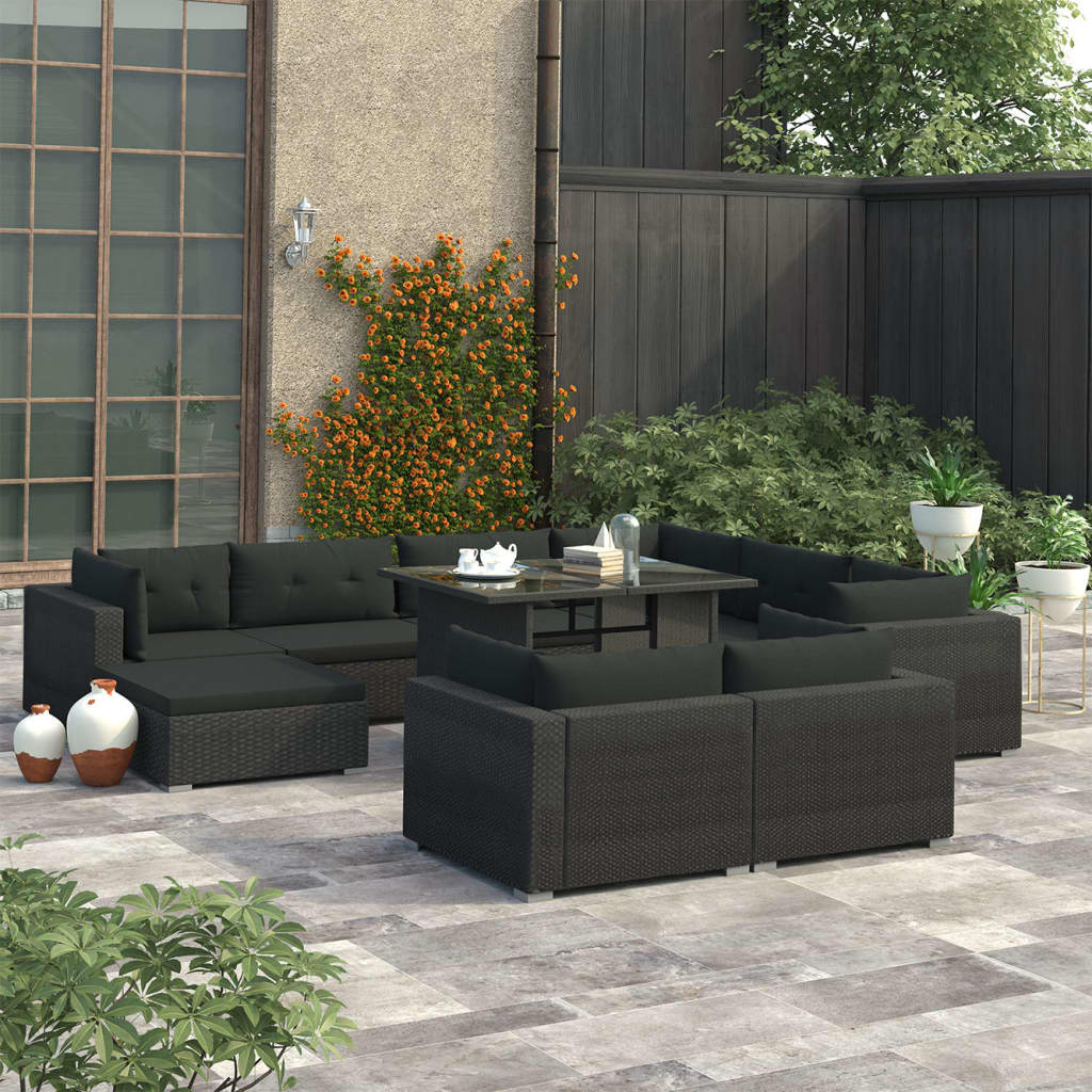 vidaXL Set mobilier de grădină cu perne, 10 piese, negru, poliratan de la vidaxl imagine noua