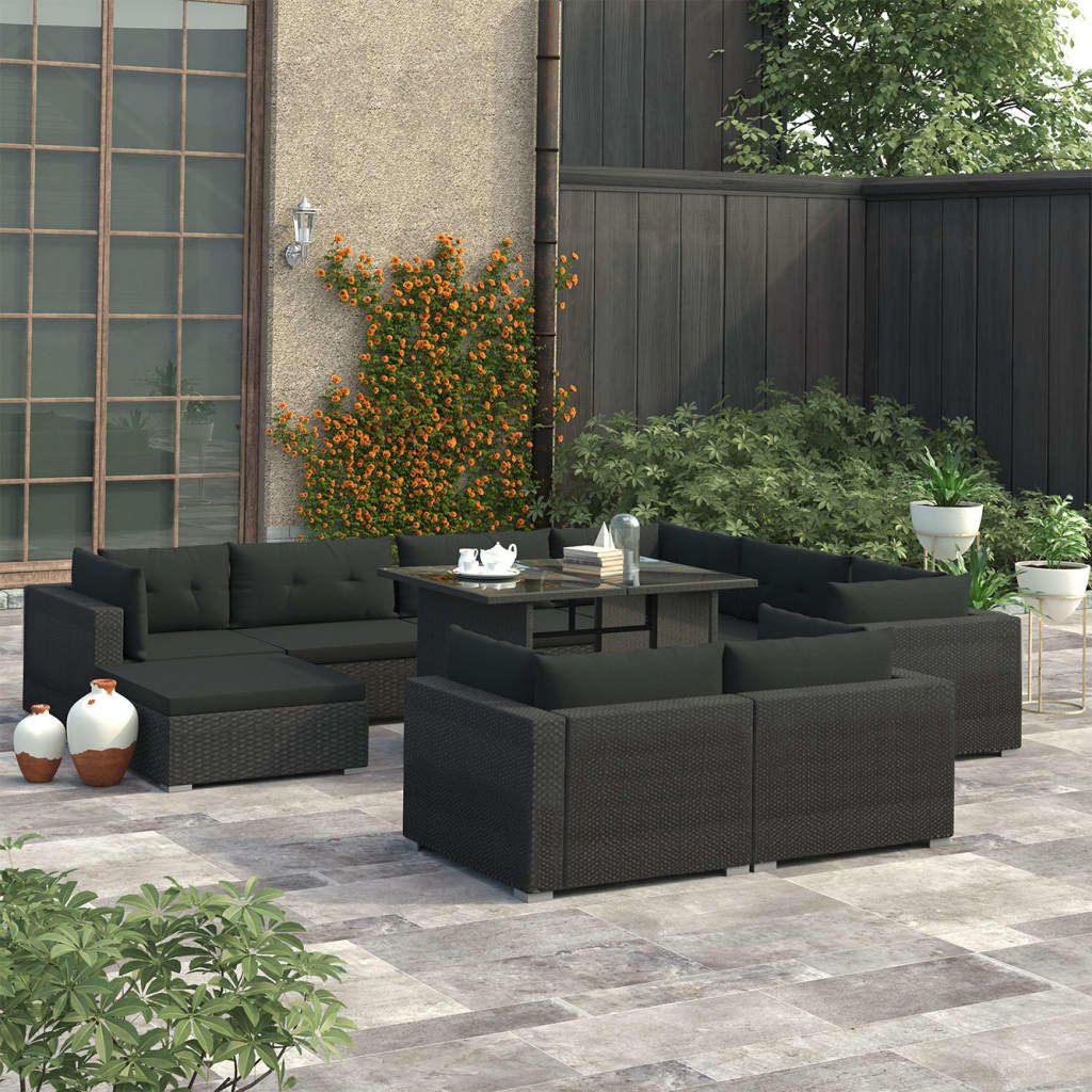 vidaXL Set mobilier de gradina cu perne, 10 piese, negru, poliratan
