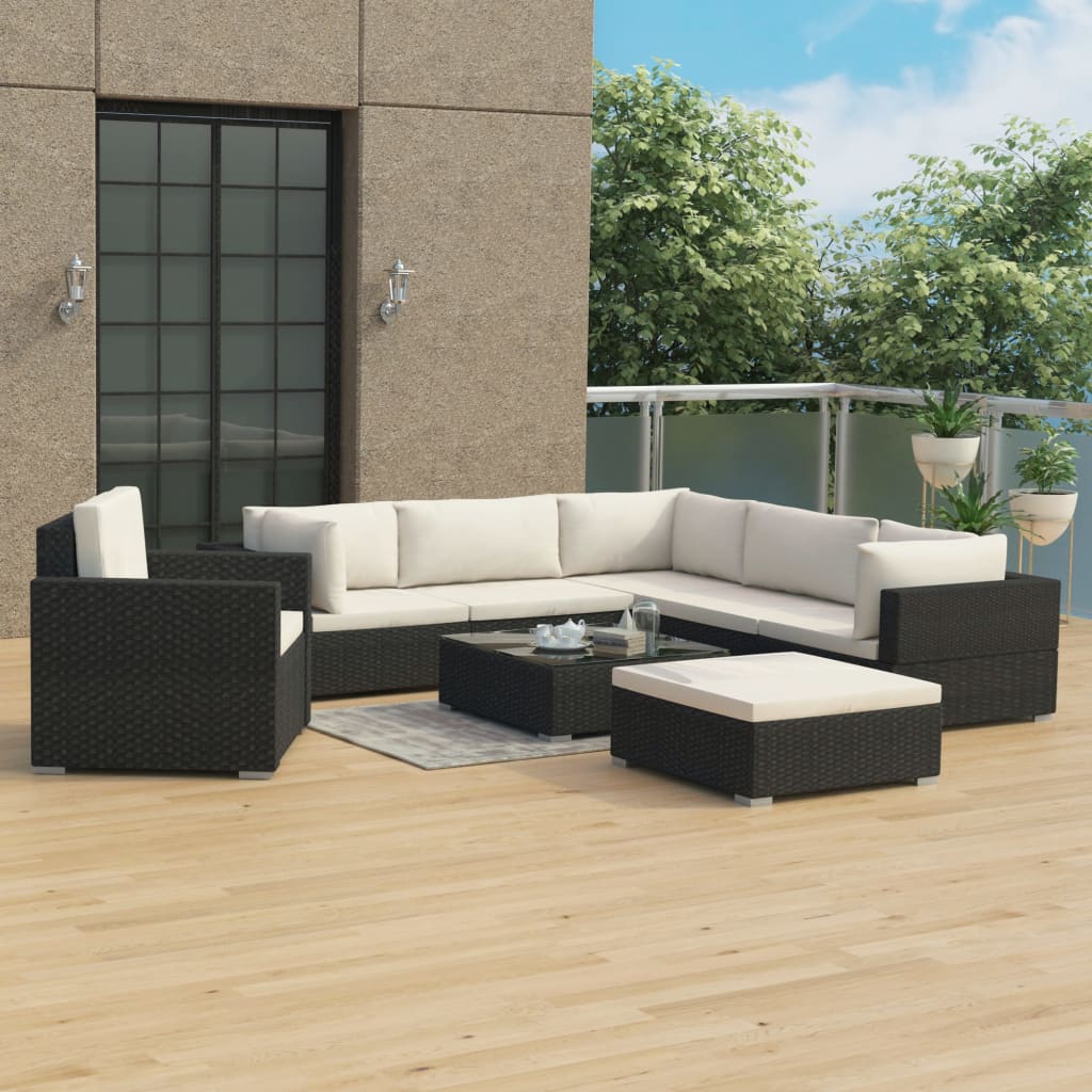 vidaXL Set mobilier de grădină cu perne, 8 piese, negru, poliratan