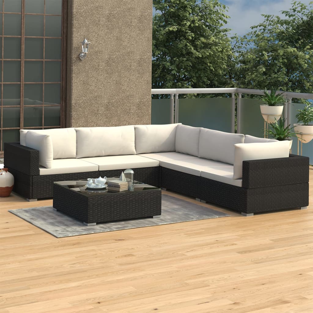 Salon de jardin 6 pcs avec coussins Résine tressée Noir