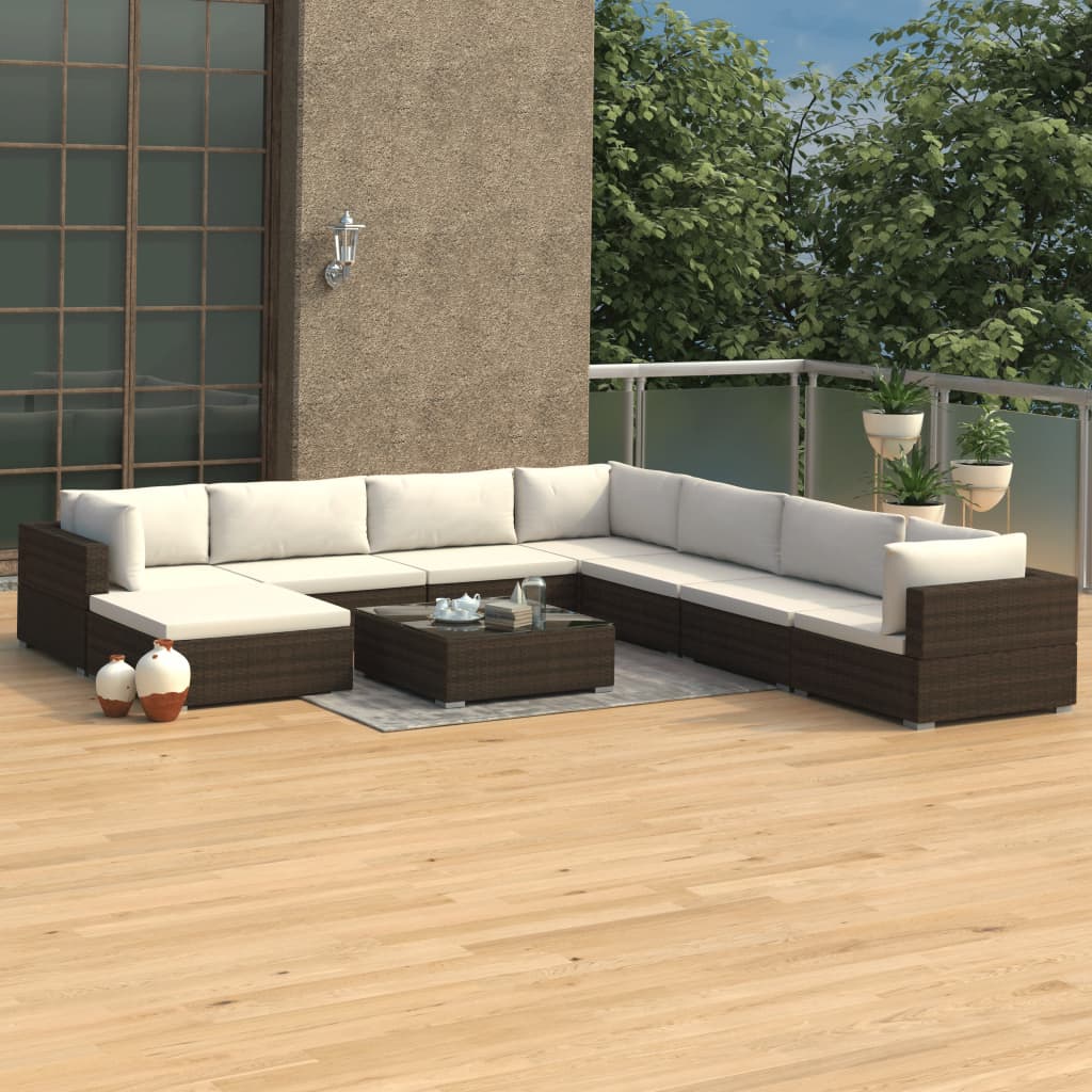 vidaXL Set mobilier de grădină cu perne, 9 piese, maro, poliratan vidaXL imagine model 2022