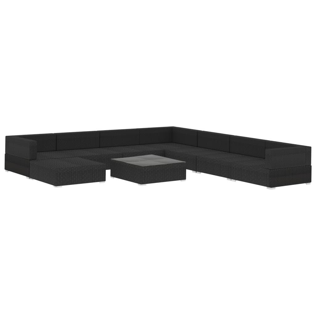 vidaXL 9-részes fekete polyrattan kerti bútorszett párnákkal