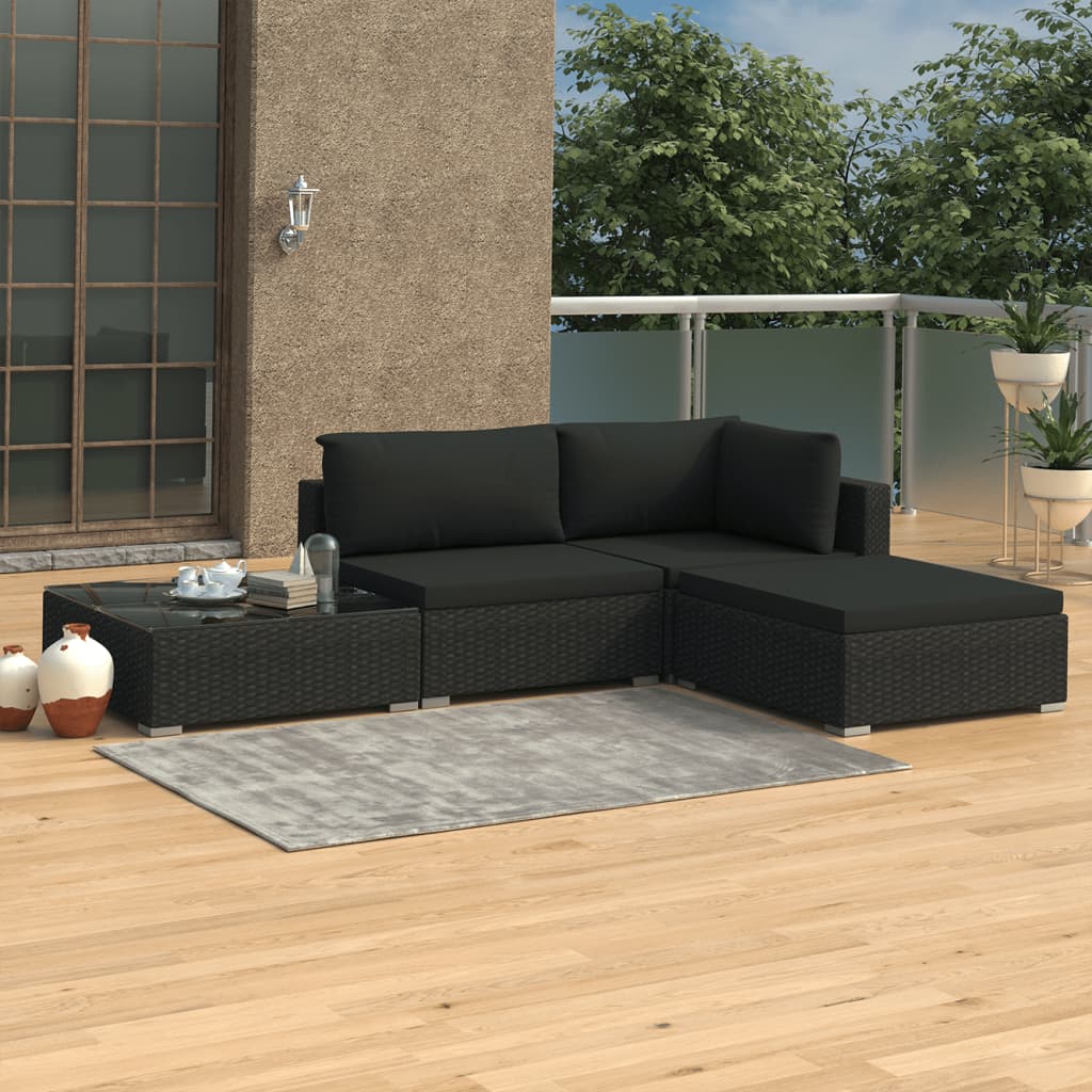 vidaXL Set mobilier de grădină cu perne, 4 piese, negru, poliratan
