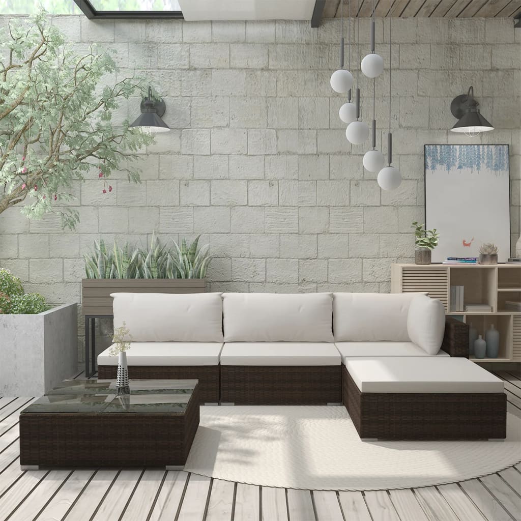 vidaXL Set mobilier de grădină cu perne, 5 piese, maro, poliratan