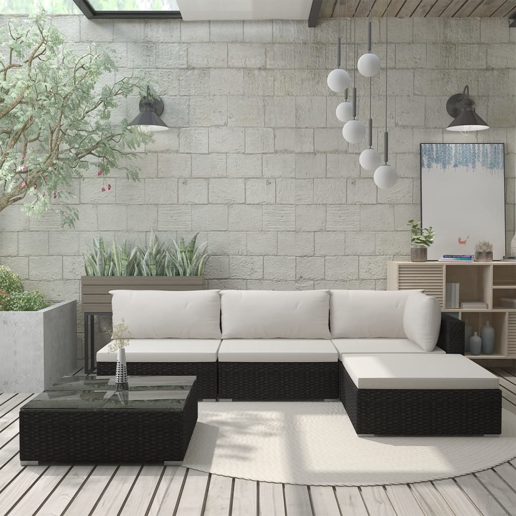 vidaXL Set mobilier de grădină cu perne, 5 piese, negru, poliratan vidaXL